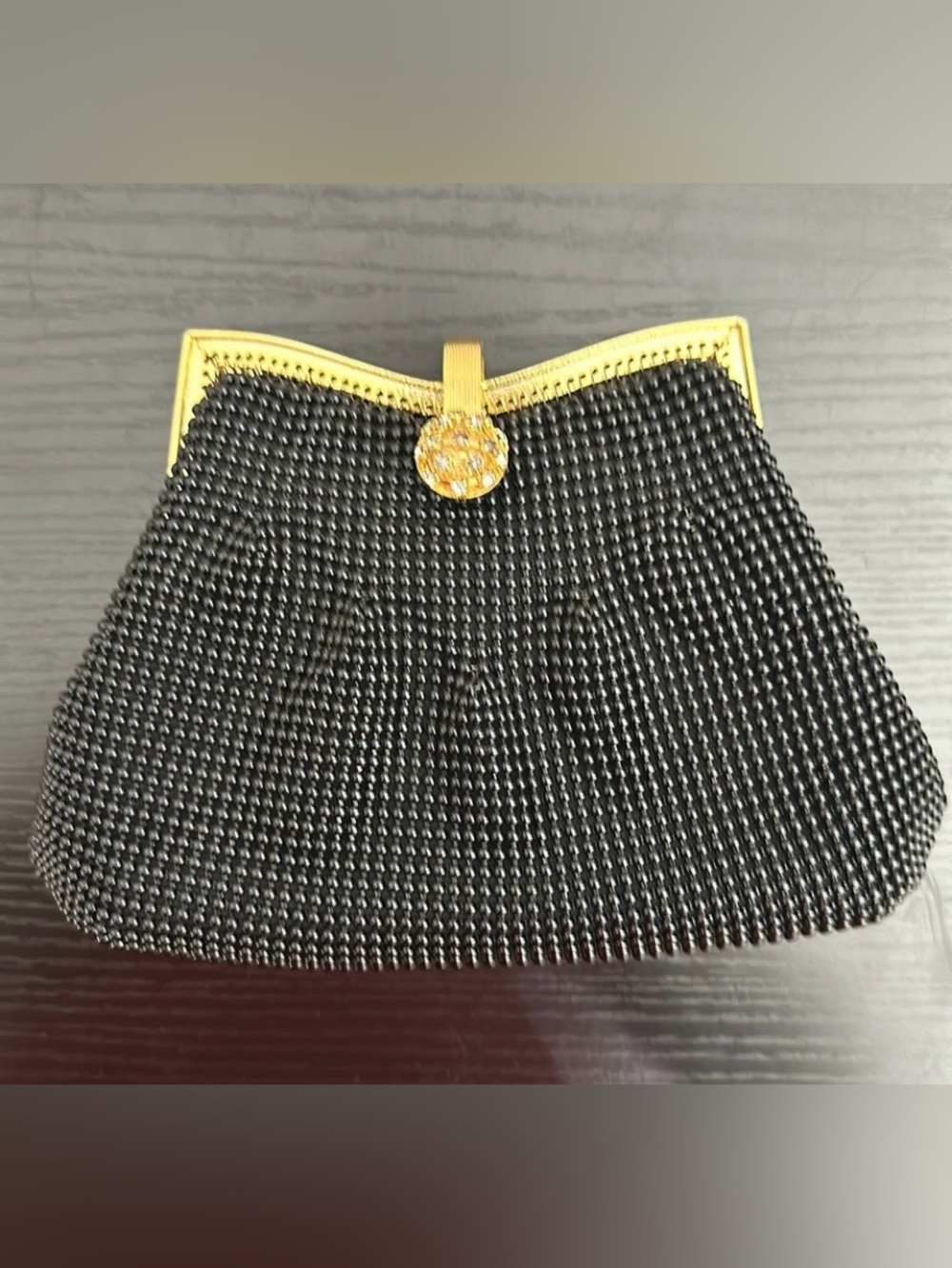 Black Ball Mesh Gold Hardware Rhinestone Clasp Clutch Purse Optional Chain Strap